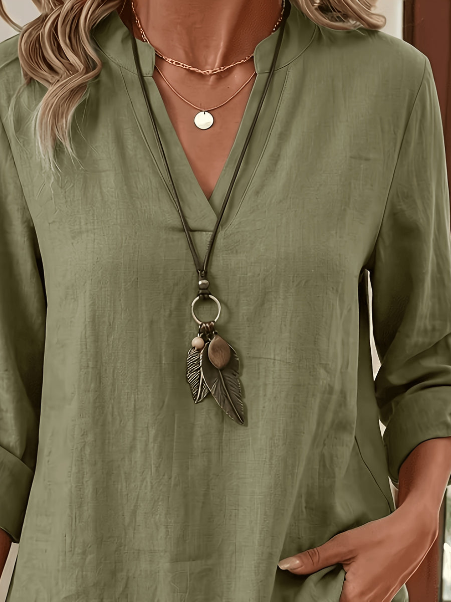 Women's V-neck Loose Fit Casual Spring/Autumn Long Sleeve Solid Color Shirt, Drop Shoulder Sleeves, Fashionable Vintage Simple Versatile Women's Clothing - Matcha Color