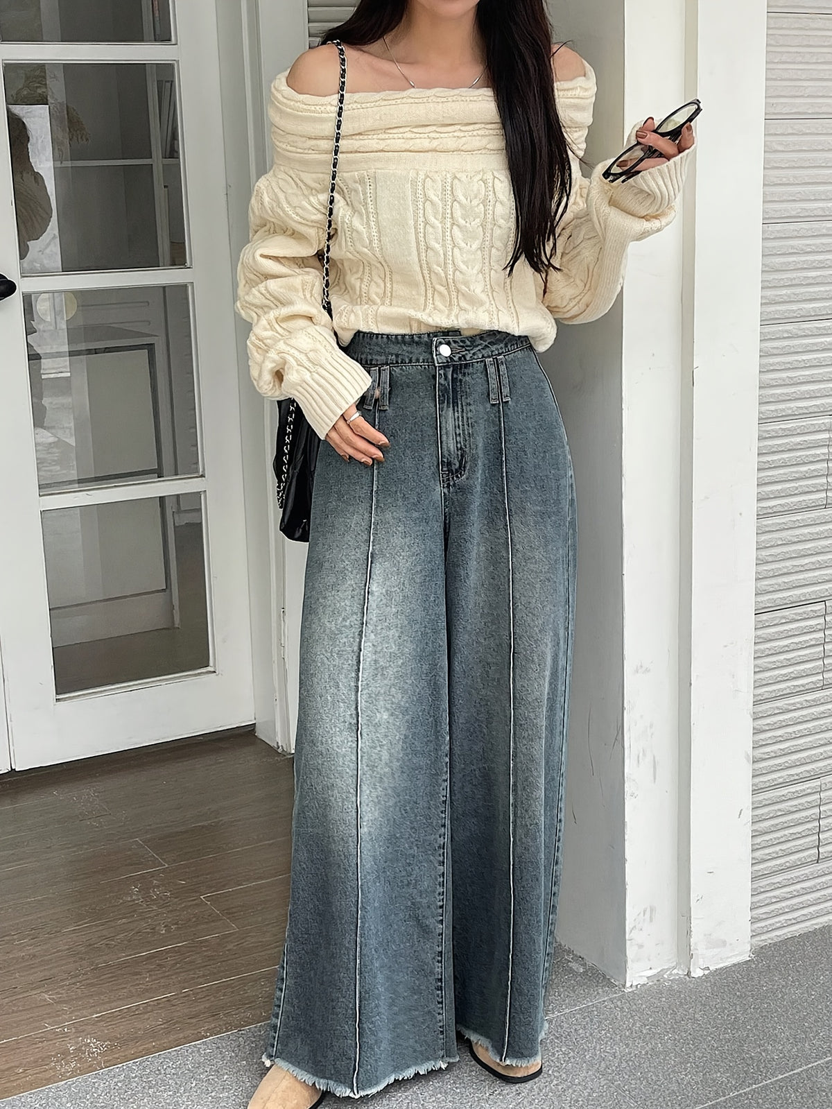 Women'S High Waist Wide Leg Loose Raw Hem Snowflake Jeans Elastic Seam - Bright Steel Blue