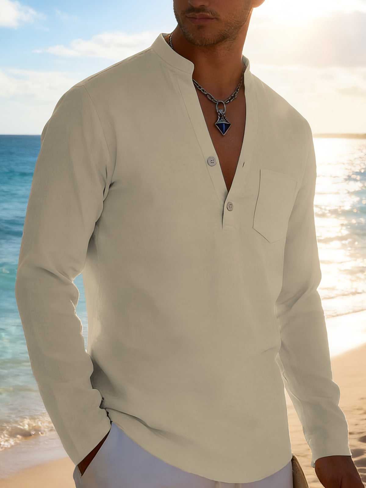 Men's Solid Color Henley Long Sleeve Shirt, Lightweight Breathable Casual Button Up Tops for Summer - Khaki