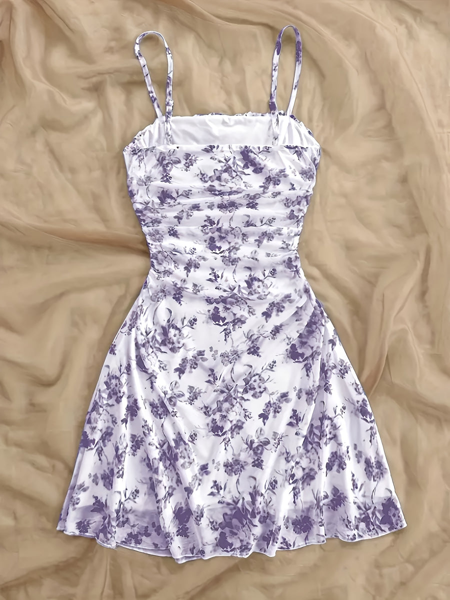 Women'S New Floral Print Halter Dress, Fashionable And Elegant, All-Season Wear - Lavender