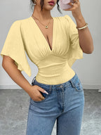 Ladies Elegant New V-Neck Texture Bust Pleats Ruffle Sleeves Slim Waist Elegant Jumpsuit, V-Neck Asymmetrical Cuffs Bodysuit Top - Yellow