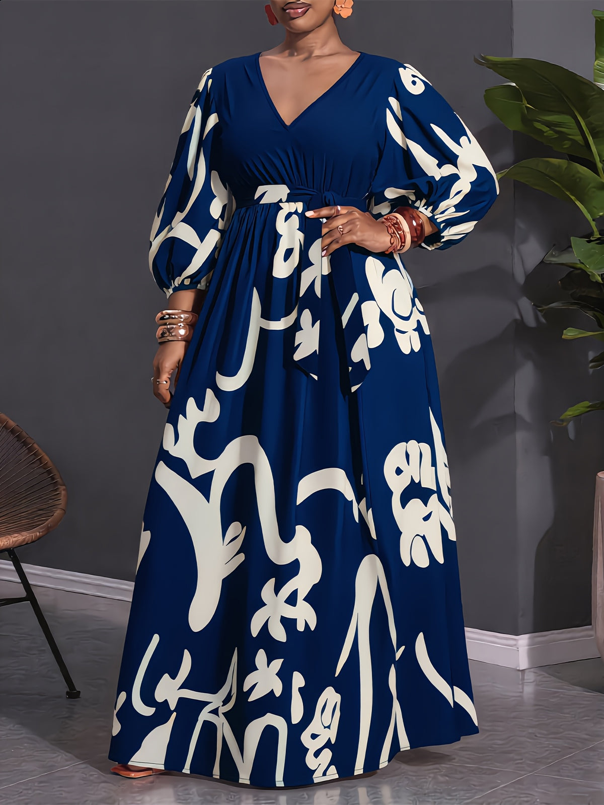 Plus Size Abstract Print V-Neck Lantern Sleeve Midi Dress, Women'S Tie-Waist A-Line Flowy Casual Party Long Dress - Navy Color