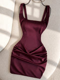 Elegant and Fashionable Satin Square-neck Pleated Side-zip Waist-cinching Body-hugging Sexy Short Evening Gown for New Year's, Valentine's Day, Parties, Graduation, Weddings, Dates, Dinners, and Bridesmaid Dresses - Burgundy