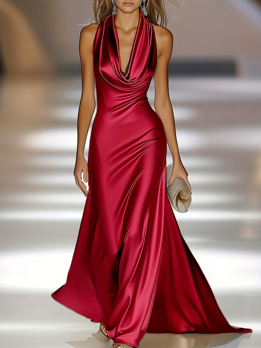 Elegant And Luxurious Cowl Neck Backless Sleeveless Satin Party Dinner Long Dress, Suitable for Formal Dinners, Cocktail Parties Or Upscale Parties - Burgundy
