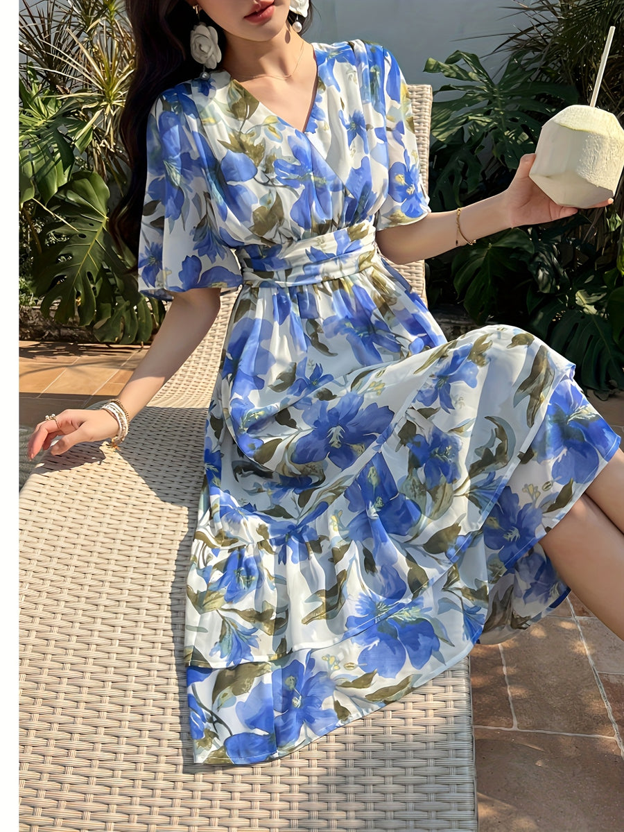 Women's Floral maxi Dress - Elegant Flowy Formal & Casual Event Gown, Non-Stretchy Fabric, Flared A-Line Skirt for Wedding, Party, Vacation - Spring/Summer/Fall Evening Outfits, Floral Print Dress, Summer Outfit, Machine Washable, Bridal Guest Outfit - Deep Sky Blue