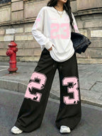 Vintage Trend Soft Pink Distressed 23 Number Bow Princess Print 2pcs Set for Women, Casual Streetwear Long Sleeve and Long Pants Outfit, Suitable for Street Style Hot, American Jersey Sporty Street Fashion - White+black