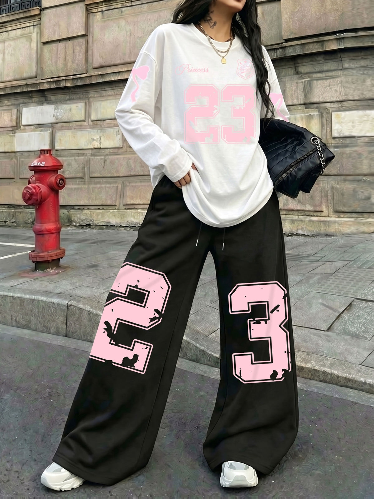 Vintage Trend Soft Pink Distressed 23 Number Bow Princess Print 2pcs Set for Women, Casual Streetwear Long Sleeve and Long Pants Outfit, Suitable for Street Style Hot, American Jersey Sporty Street Fashion - White+black