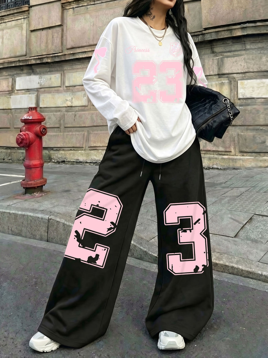 Vintage Trend Soft Pink Distressed 23 Number Bow Princess Print 2pcs Set for Women, Casual Streetwear Long Sleeve and Long Pants Outfit, Suitable for Street Style Hot, American Jersey Sporty Street Fashion - White+black
