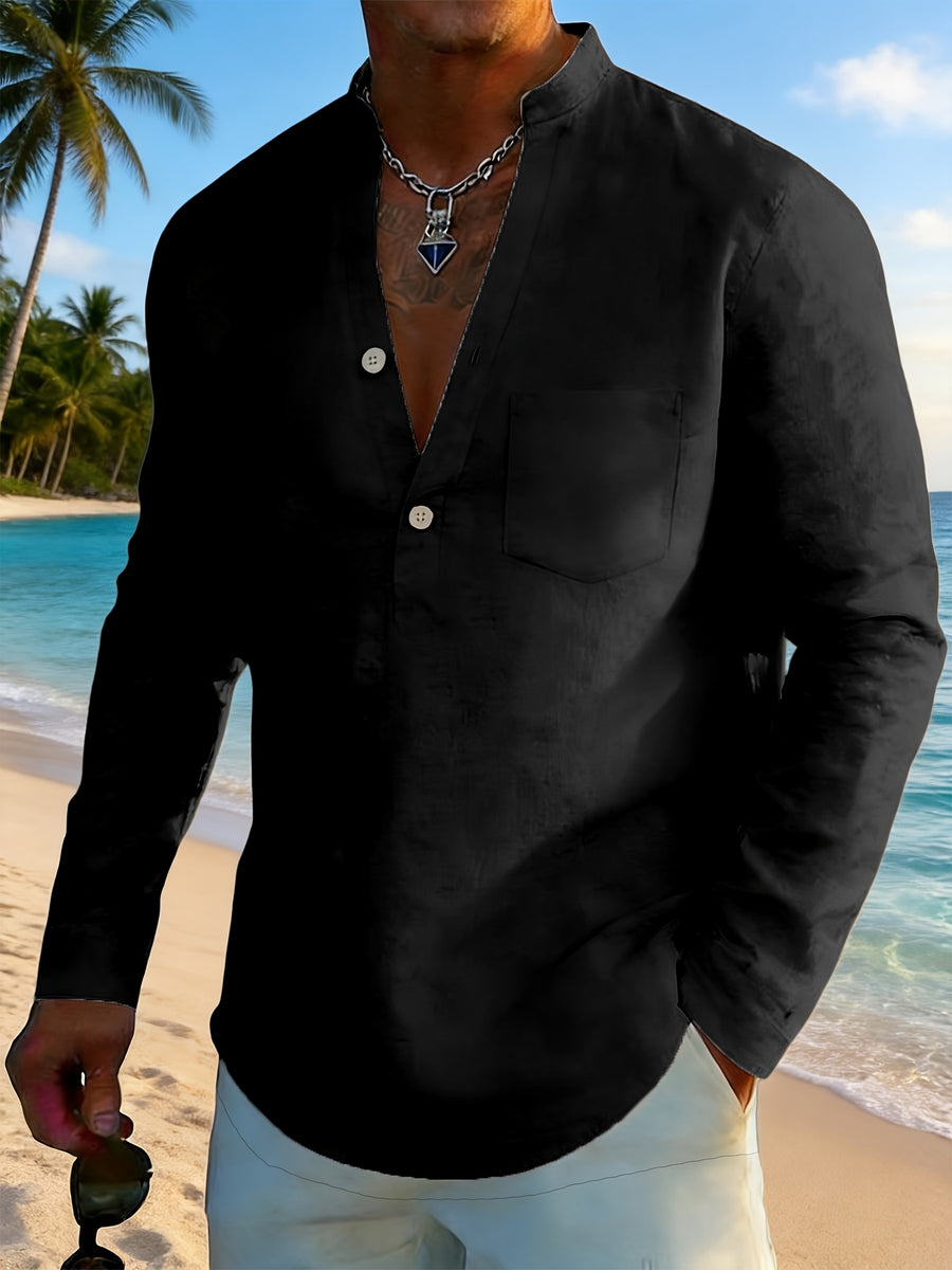 Men's Solid Color Henley Long Sleeve Shirt, Lightweight Breathable Casual Button Up Tops for Summer - Black