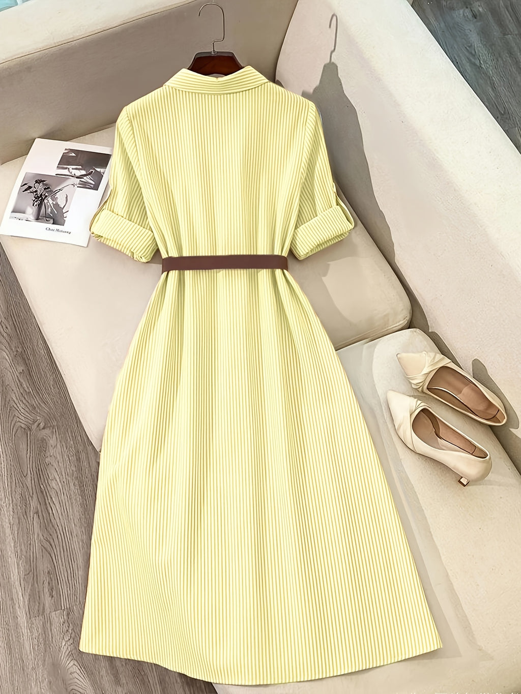 Women'S Fashion Commuter Casual Lapel A-Line Striped Dress, Suitable for Daily Office Wear - Yellow