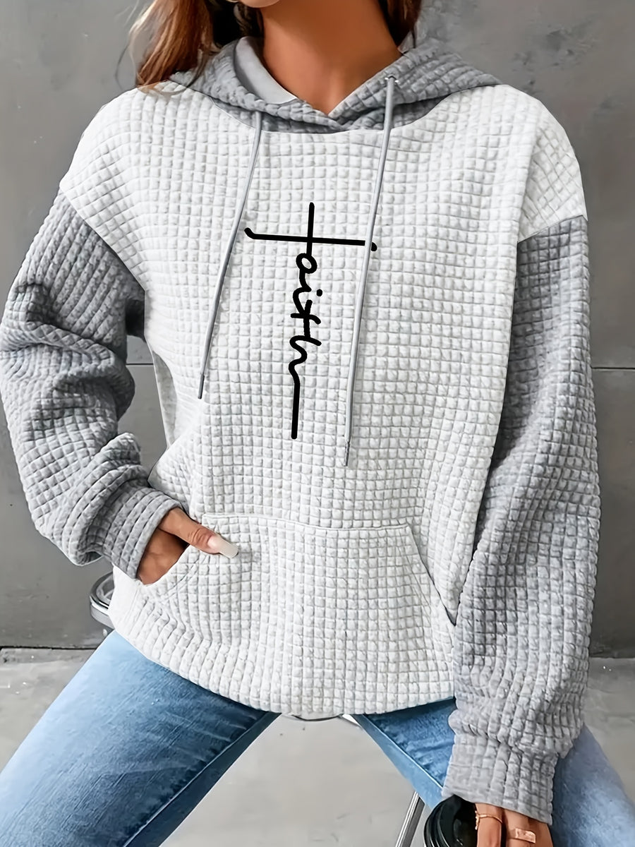 Women's Casual Oversized Hoodie with Checkered Texture & Letter Print, Kangaroo Pocket, Long Sleeve Loose Fit Sweatshirt for Fall Winter, Machine Washable, Fall Fashion, Relaxed Style, Comfortable Texture, Print Sweatshirt, Cozy Wear - Ivory White
