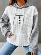Women's Casual Oversized Hoodie with Checkered Texture & Letter Print, Kangaroo Pocket, Long Sleeve Loose Fit Sweatshirt for Fall Winter, Machine Washable, Fall Fashion, Relaxed Style, Comfortable Texture, Print Sweatshirt, Cozy Wear - Ivory White
