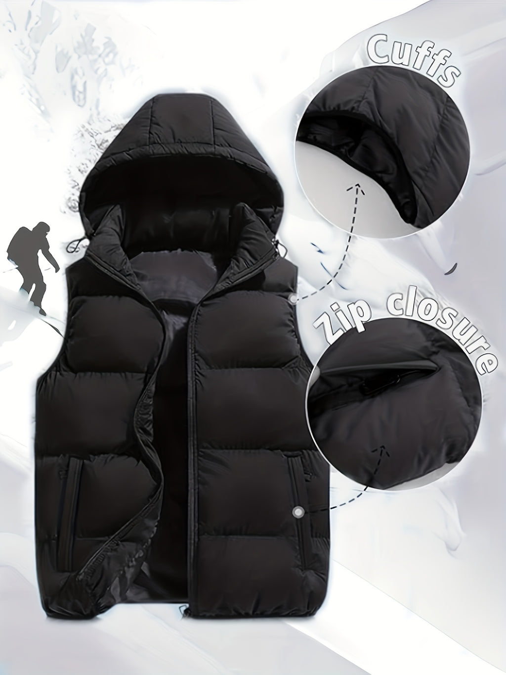 Men'S Autumn Winter Solid Color Vest, Outdoor Casual Fashion Thickened Waistcoat, Quilted Casual Warm Jacket with Removable Hood, Zippered Pockets, Men'S Cold Weather Jacket Top. Suitable for Multi-Scene Wear - Black