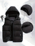 Men'S Autumn Winter Solid Color Vest, Outdoor Casual Fashion Thickened Waistcoat, Quilted Casual Warm Jacket with Removable Hood, Zippered Pockets, Men'S Cold Weather Jacket Top. Suitable for Multi-Scene Wear - Black