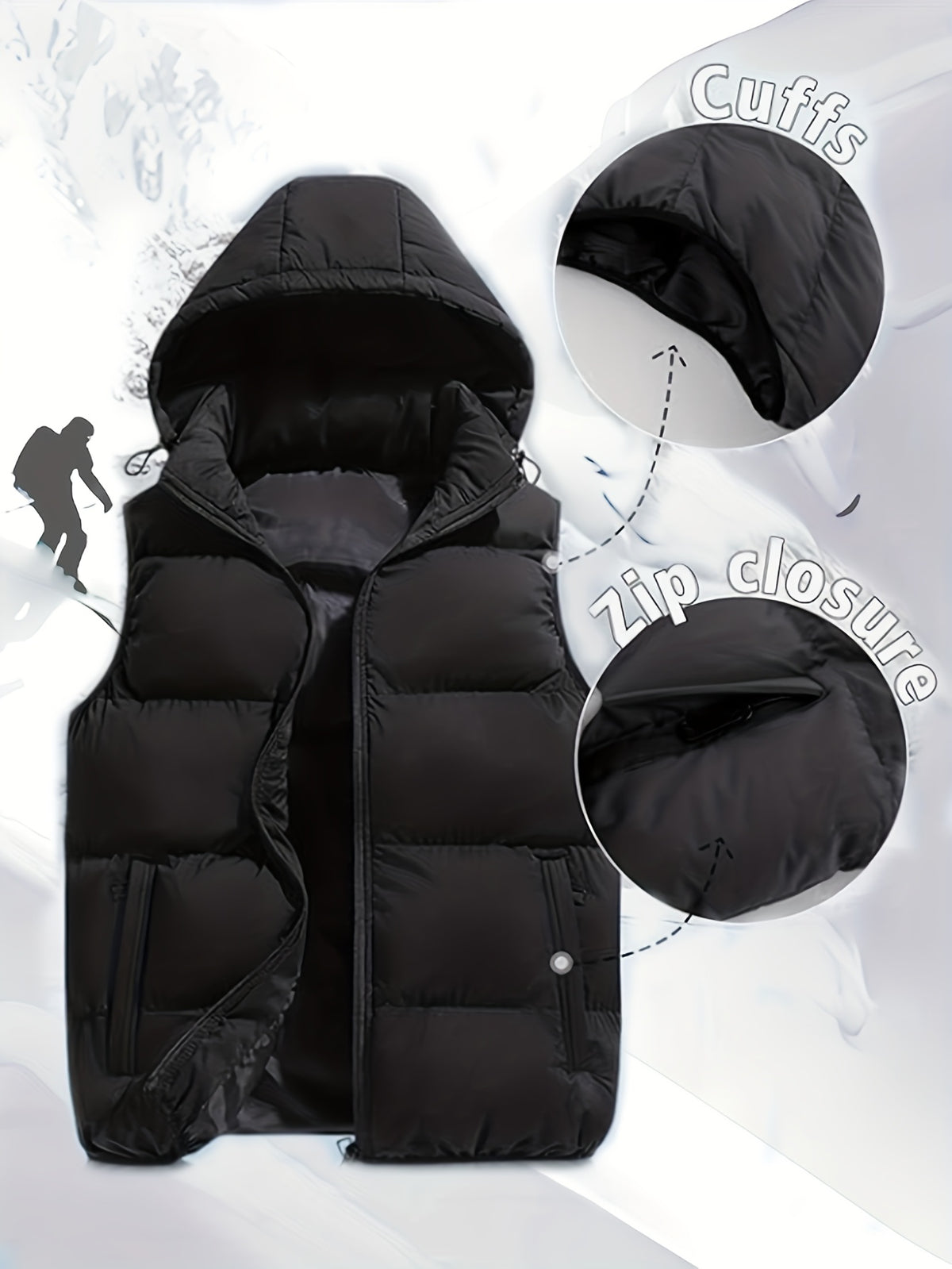 Men'S Autumn Winter Solid Color Vest, Outdoor Casual Fashion Thickened Waistcoat, Quilted Casual Warm Jacket with Removable Hood, Zippered Pockets, Men'S Cold Weather Jacket Top. Suitable for Multi-Scene Wear - Black