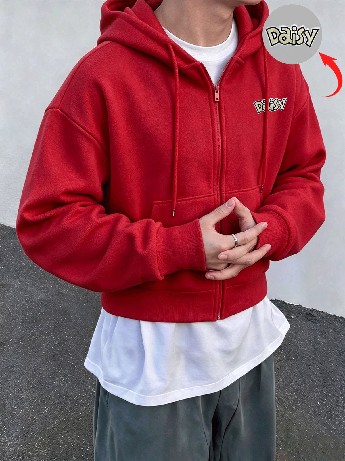 Men's Solid Color Drop Shoulder Zip-Up Sweatshirt, Double-Layer Hooded Sweatshirt Jacket, Long-Sleeve -Lined Jacket, Men's Zip-Up Cardigan for Spring/Autumn Casual Wear, Cropped Hooded Sweatshirt with Pockets and Drawstring, Suitable for Outings - Red 2