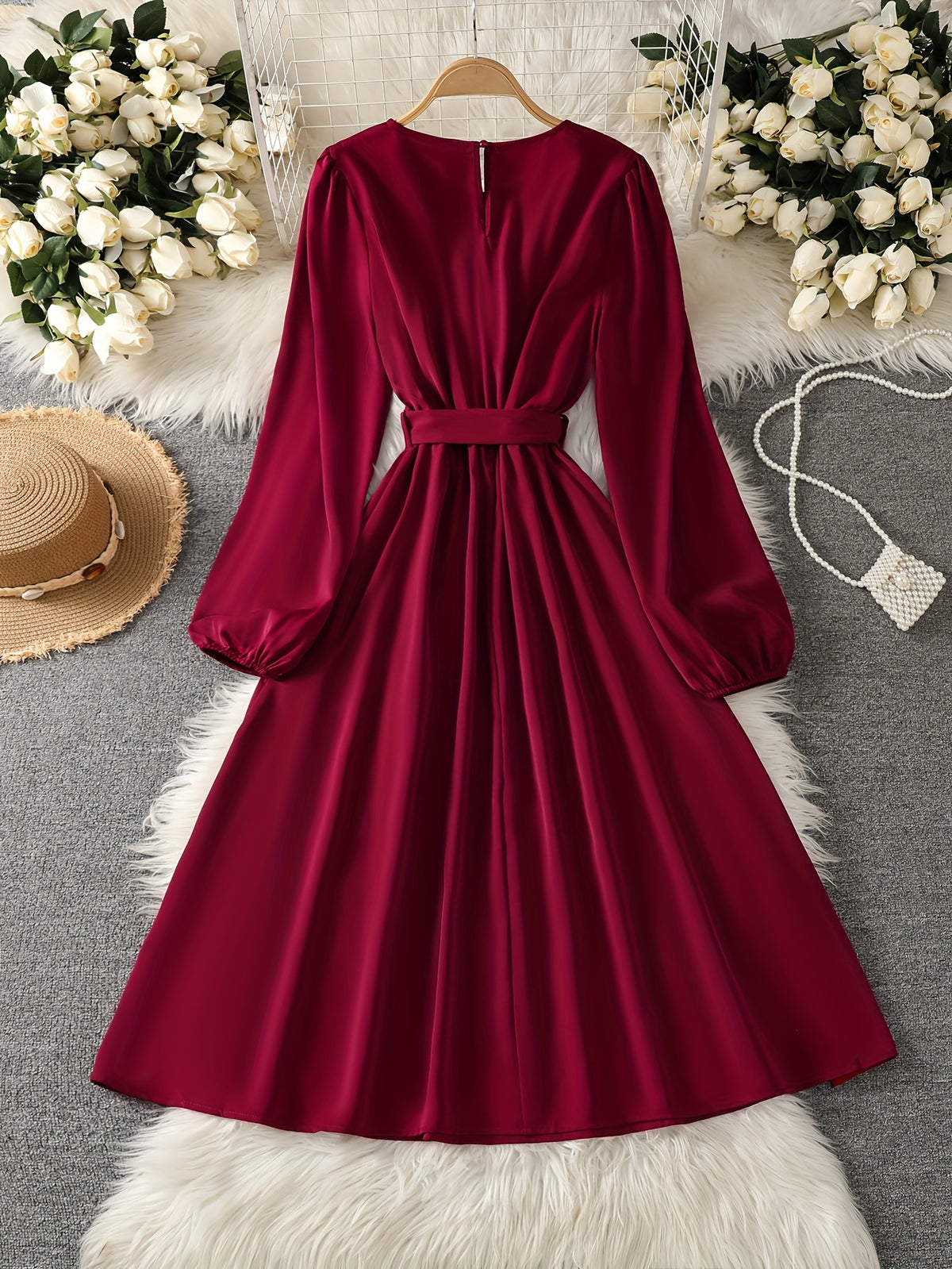 Women's Burgundy A-Line Wedding Guest Dress with Bow Tie Waist & Puff Sleeve - -Length Mid-Calf to Hem Long Sleeve Formal Gown, Machine Washable for Bridesmaid, Prom, Special Occasions (No Stretch)christmas women cloth&gift - Deep Red