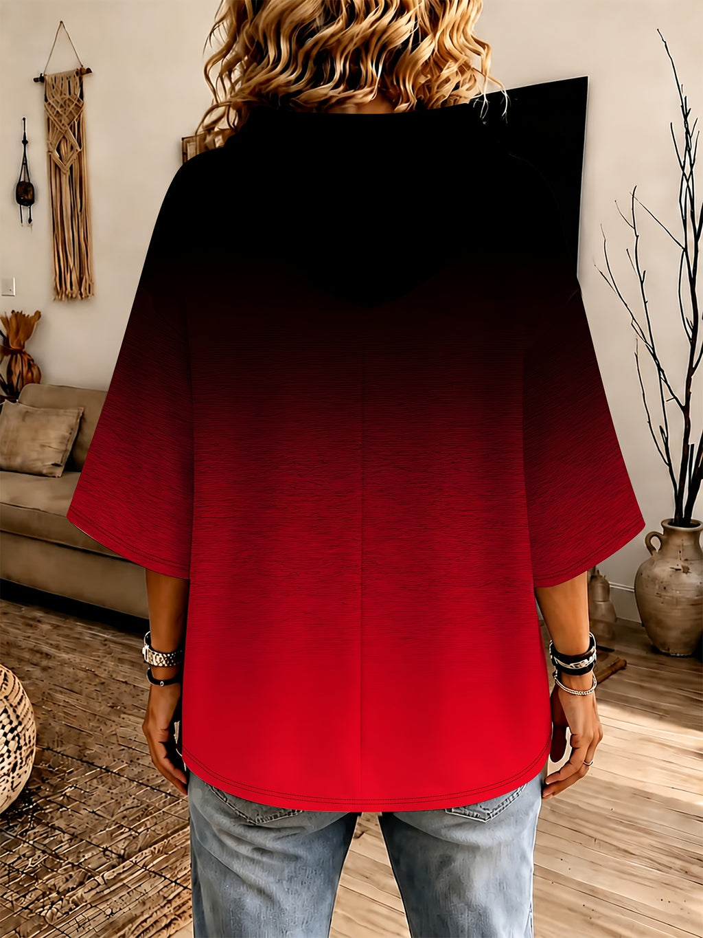 Women's Black and Red Gradient Smudge Print Three-Quarter Sleeve Hooded Sweatshirt, Loose Fit Drawstring Pullover Top, Casual and Versatile - Mixed colors