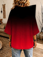 Women's Black and Red Gradient Smudge Print Three-Quarter Sleeve Hooded Sweatshirt, Loose Fit Drawstring Pullover Top, Casual and Versatile - Mixed colors