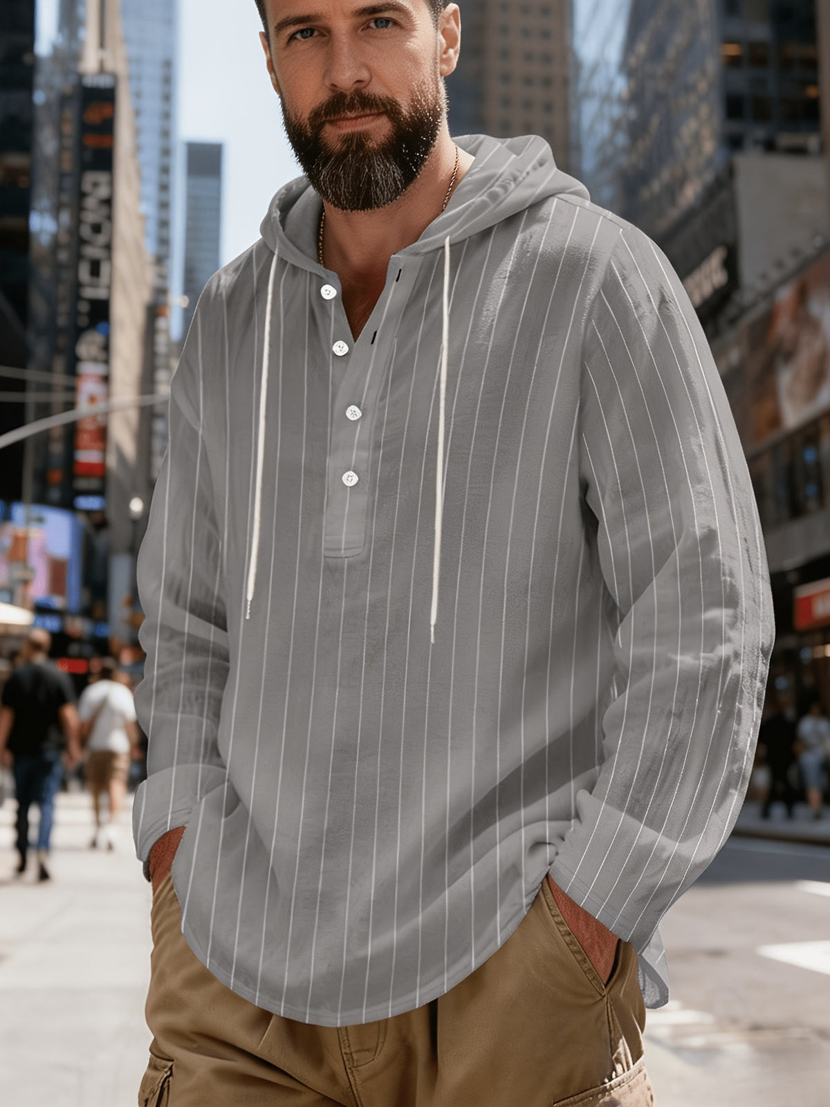 New Men'S All-Season Linen Shirt, Linen Striped Casual Long-Sleeve Hooded Top, Breathable And Comfortable, High Street Style - Grey