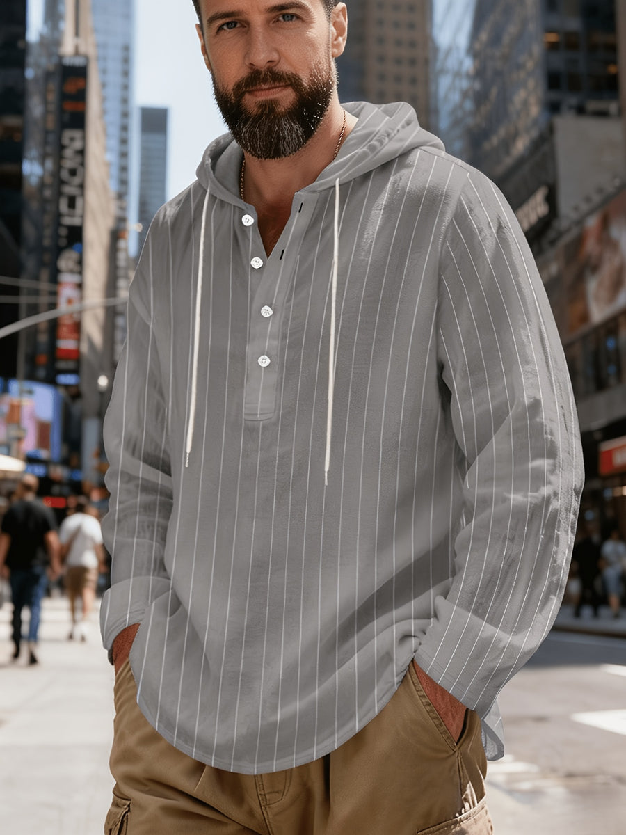 New Men'S All-Season Linen Shirt, Linen Striped Casual Long-Sleeve Hooded Top, Breathable And Comfortable, High Street Style - Grey