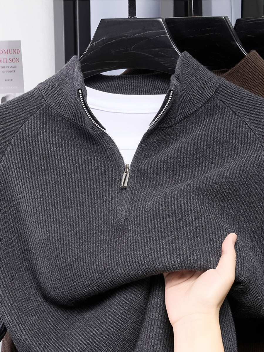 SINBOS Men's Half-Zip Stand Collar Sweater - Low-Saturation Earth Tones, Soft Ribbed Knit Zippered Cardigan, Stand Collar & Half-Zip Front Suitable for Business Casual & Minimalist Winter Wear, Autumn Winter Layering Piece - Dark Gray