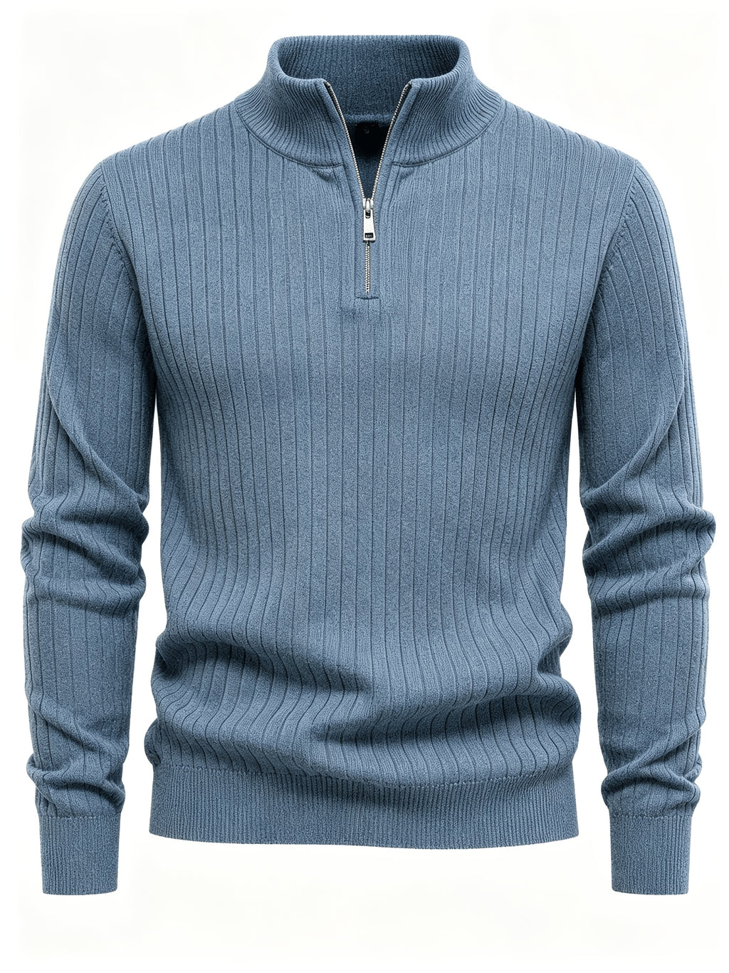 Autumn/Winter New Men's Stand Collar Zipper Design Fashionable Sweater, Knitted Versatile Stretchy Long-Sleeve Pullover with Small Rib Texture, for Home and Commuting, Vintage Men's Top - Sea Polish