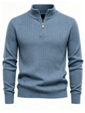 Autumn/Winter New Men's Stand Collar Zipper Design Fashionable Sweater, Knitted Versatile Stretchy Long-Sleeve Pullover with Small Rib Texture, for Home and Commuting, Vintage Men's Top - Sea Polish