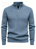Autumn/Winter New Men's Stand Collar Zipper Design Fashionable Sweater, Knitted Versatile Stretchy Long-Sleeve Pullover with Small Rib Texture, for Home and Commuting, Vintage Men's Top - Sea Polish