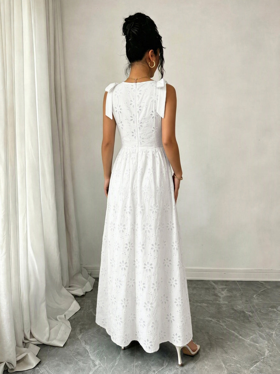 Elegant Women's V-neck Dress with Hollow Embroidery, Bow Tie & Waist Tie, A-line Silhouette, Ideal for Outings & Dates - White