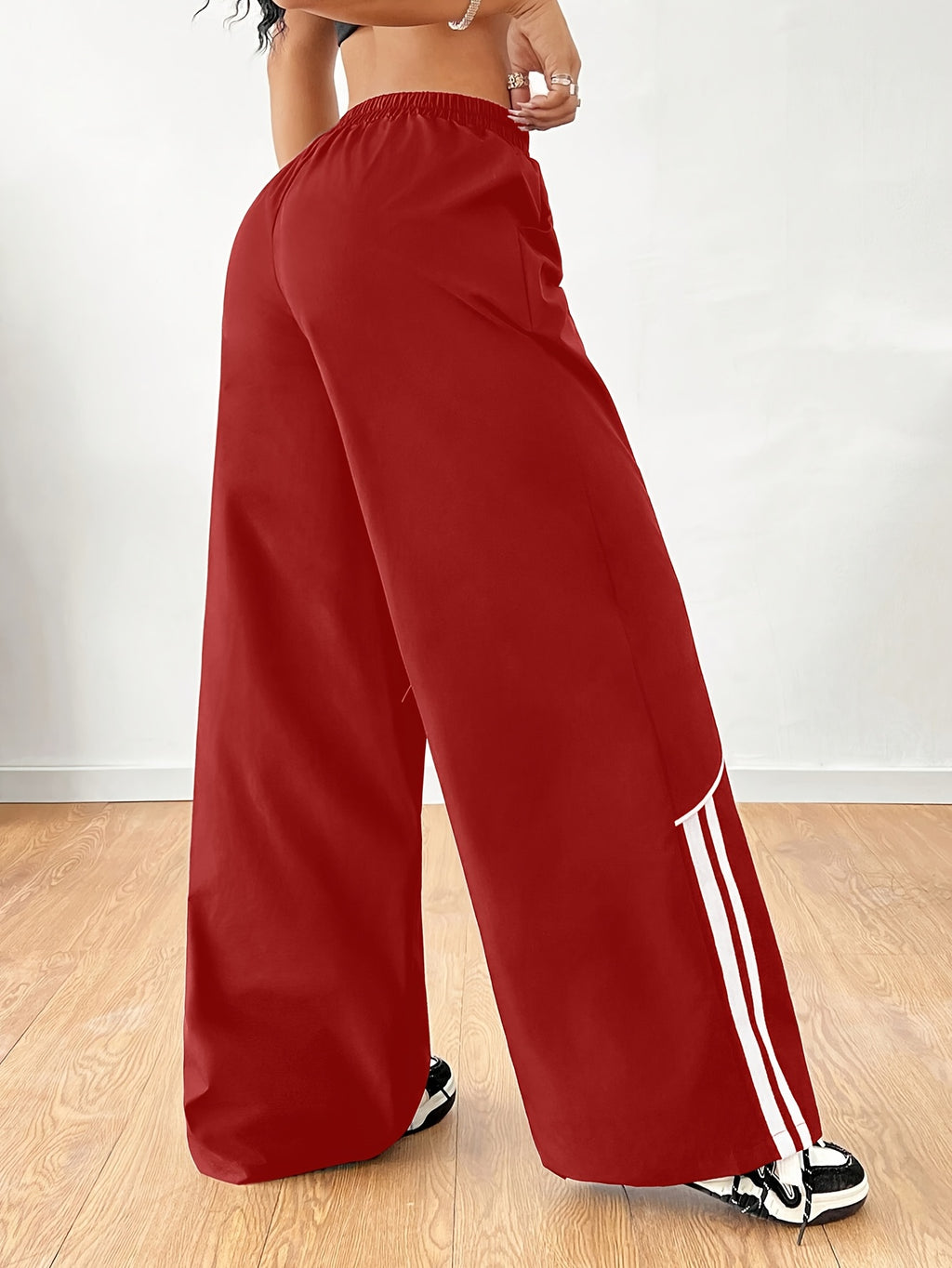 Women's Fashion Y2K Streetwear Wide-Leg Pants with Side Tie Design, Hip-Hop Joggers, Elastic Waist Wide-Leg Pants, Casual Swear, Harem Pants - Red