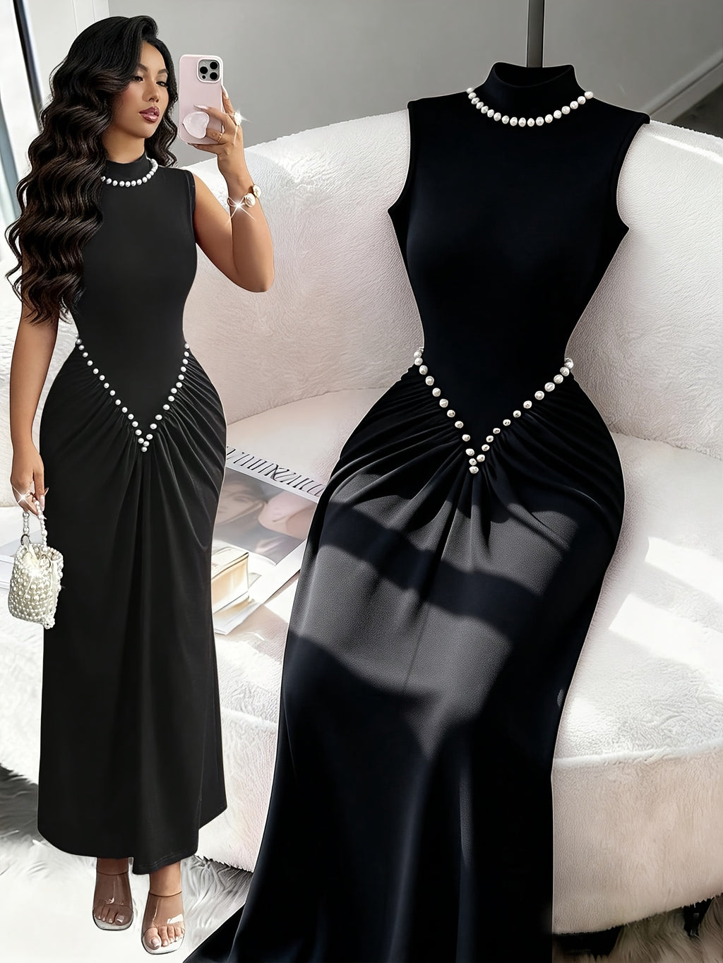 Summer Elegant Fashion Pearl Solid High-Neck Women'S Sleeveless Dress, Waist-Cinching Ruched Fishtail Long Dress, Temperament Evening Formal Gown - Black