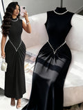 Summer Elegant Fashion Pearl Solid High-Neck Women'S Sleeveless Dress, Waist-Cinching Ruched Fishtail Long Dress, Temperament Evening Formal Gown - Black