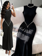 Summer Elegant Fashion Pearl Solid High-Neck Women'S Sleeveless Dress, Waist-Cinching Ruched Fishtail Long Dress, Temperament Evening Formal Gown - Black