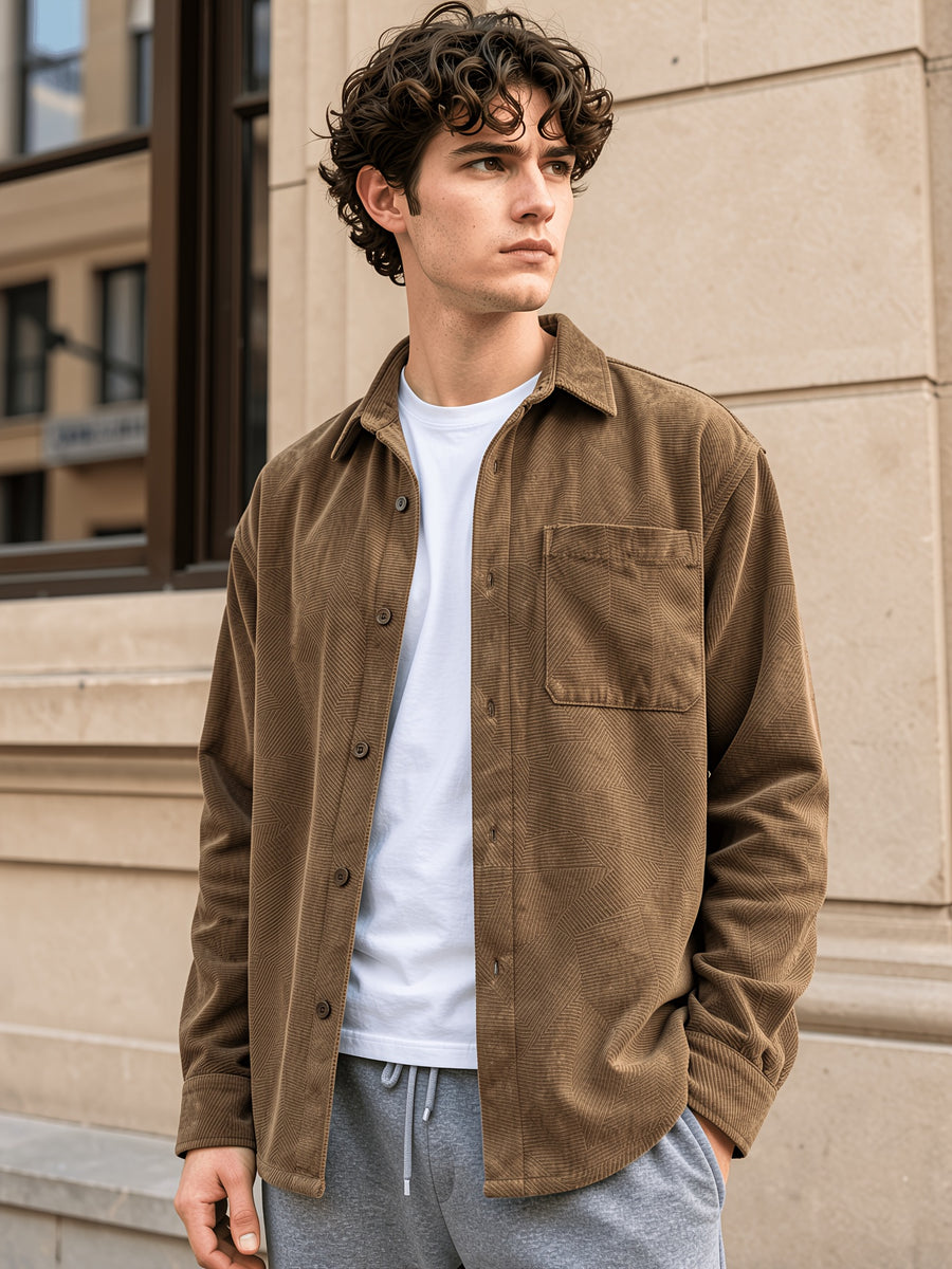 Men'S Brushed Geometric Shirt, Casual Long Sleeve with Chest Pocket, Loose Fit Vintage Brown Shirt Jacket for Fall Winter - Light Brown-1