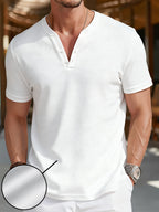 Pearson OBM Men's Henley Short Sleeve T-Shirt - Breathable Waffle Knit Summer Casual Tee with Button Front, Solid Color Round Neck, Machine Washable for Outdoor & Casual Attire, Stylish Button Detail, Lightweight Fabric, Easycare Material - White