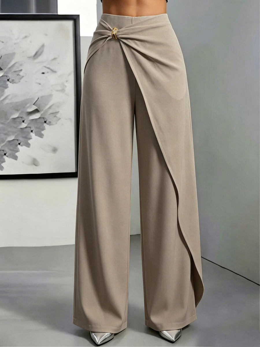 High-Waisted Draped Wide-Leg Pants for Women, Designer Twist Knot Metal Buckle, Elegant Commuter Advanced Feel Long Pants - Khaki