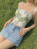 Women'S Elegant White Floral Embroidered Sleeveless Low-Cut Backless Camisole - Blue And White Color-Blocked Flowers with Green Leaves Accents Embroidered Design, All-Season Style for Beach, Party, Casual Outfits, Fashion Lovers - Mixed colors