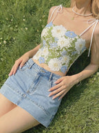 Women'S Elegant White Floral Embroidered Sleeveless Low-Cut Backless Camisole - Blue And White Color-Blocked Flowers with Green Leaves Accents Embroidered Design, All-Season Style for Beach, Party, Casual Outfits, Fashion Lovers - Mixed colors