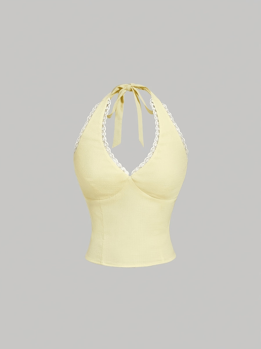 Women'S Solid Color Backless Lace-Up Slim-Fit Versatile Casual Top, Suitable for Summer, Vacation, Retro, Country Style, Going Out, Picnic And Other Occasions, Cute Yellow Top - Yellow