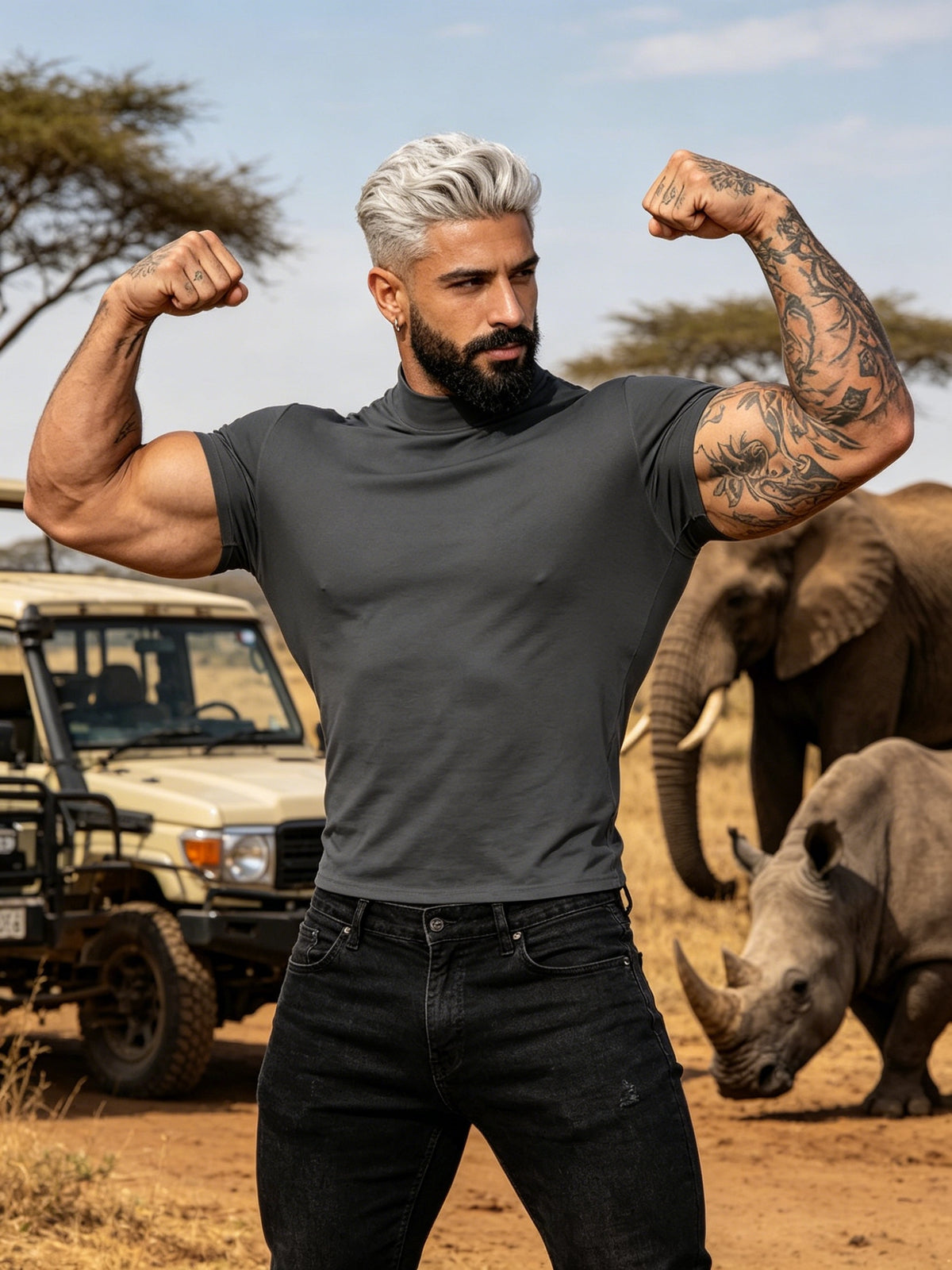 Summer Breathable Solid Color Half-Neck Short Sleeve 2pcs Set Men'S Shaping Slimming High-Elastic Fabric Light Luxury Fashion Fitness Sports Daily Wear Easy Premium Feel Versatile Base Top - Cement Ash
