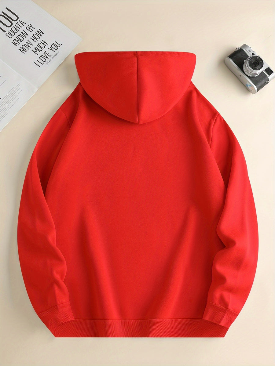 Men's Fashionable Hoodie, Loose-fit Casual Top with "X" Letter Print, Long-sleeve Sweatshirt Featuring a Kangaroo Pocket, Made of Casual Polyester Knit Fabric, Machine Washable, Suitable for Outdoor Casual Wear - Red