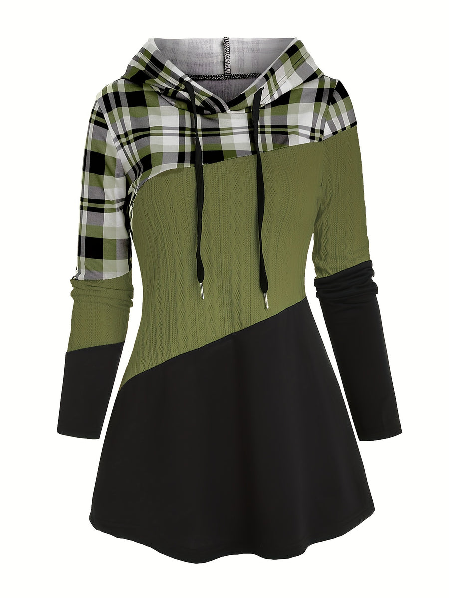 Women's Plaid Patchwork Hooded Long Sleeve Drawstring Pullover Casual Fashion Hoodie - Olive Green