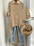 Women' Elegant Asymmetric Oversized Shirt - Loose Fit Long Sleeve Round Neck Blouse with Short Front & Extended Back Length, Layering Piece Suitable for Spring/Fall, Casual to Dressy Wear (No Stretch) - Light Coffee