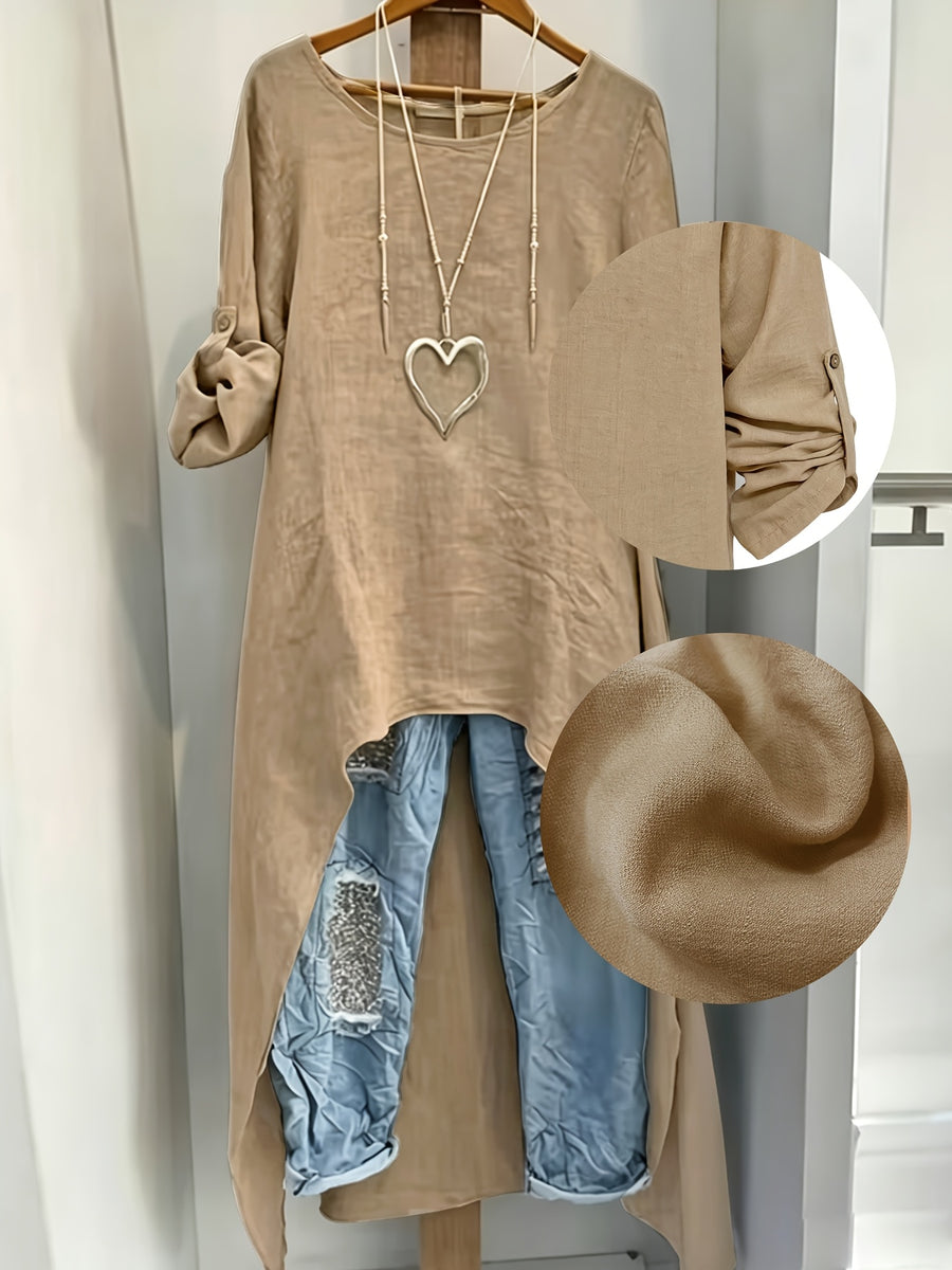 Women' Elegant Asymmetric Oversized Shirt - Loose Fit Long Sleeve Round Neck Blouse with Short Front & Extended Back Length, Layering Piece Suitable for Spring/Fall, Casual to Dressy Wear (No Stretch) - Light Coffee