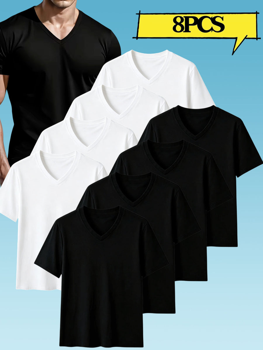 8pcs Men's Casual Knit Ribbed V-Neck T-Shirt / Soft and Comfortable Fabric / Short Sleeve / Solid Color / Crew Neck / Back-to-School Season, Casual Sporty Design Top, Multiple Colors Available, Suitable for Summer Daily Wear - 4pcs Black+4pcs White