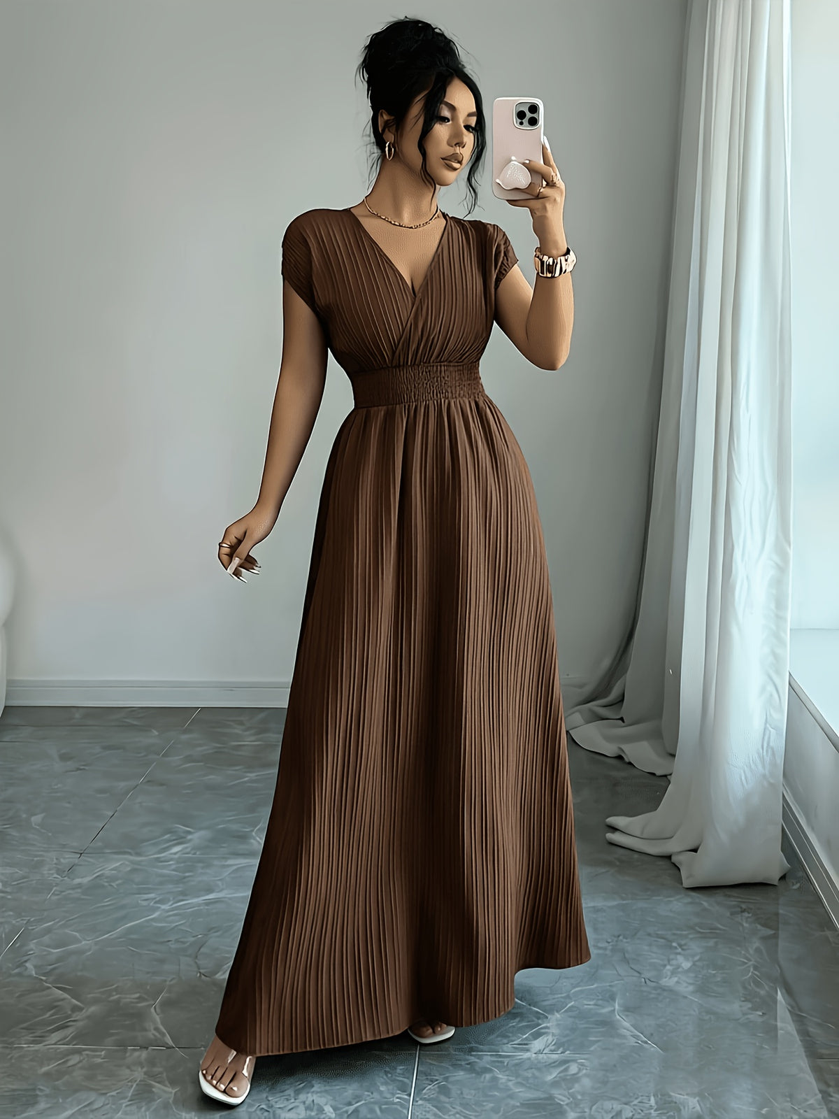 Women'S V-Neck Sleeveless Midi Dress, Textured Fabric, Waist-Cinching Design, Elegant Vacation Style, Spring/Summer Collection [Gavin] - Dark Brown
