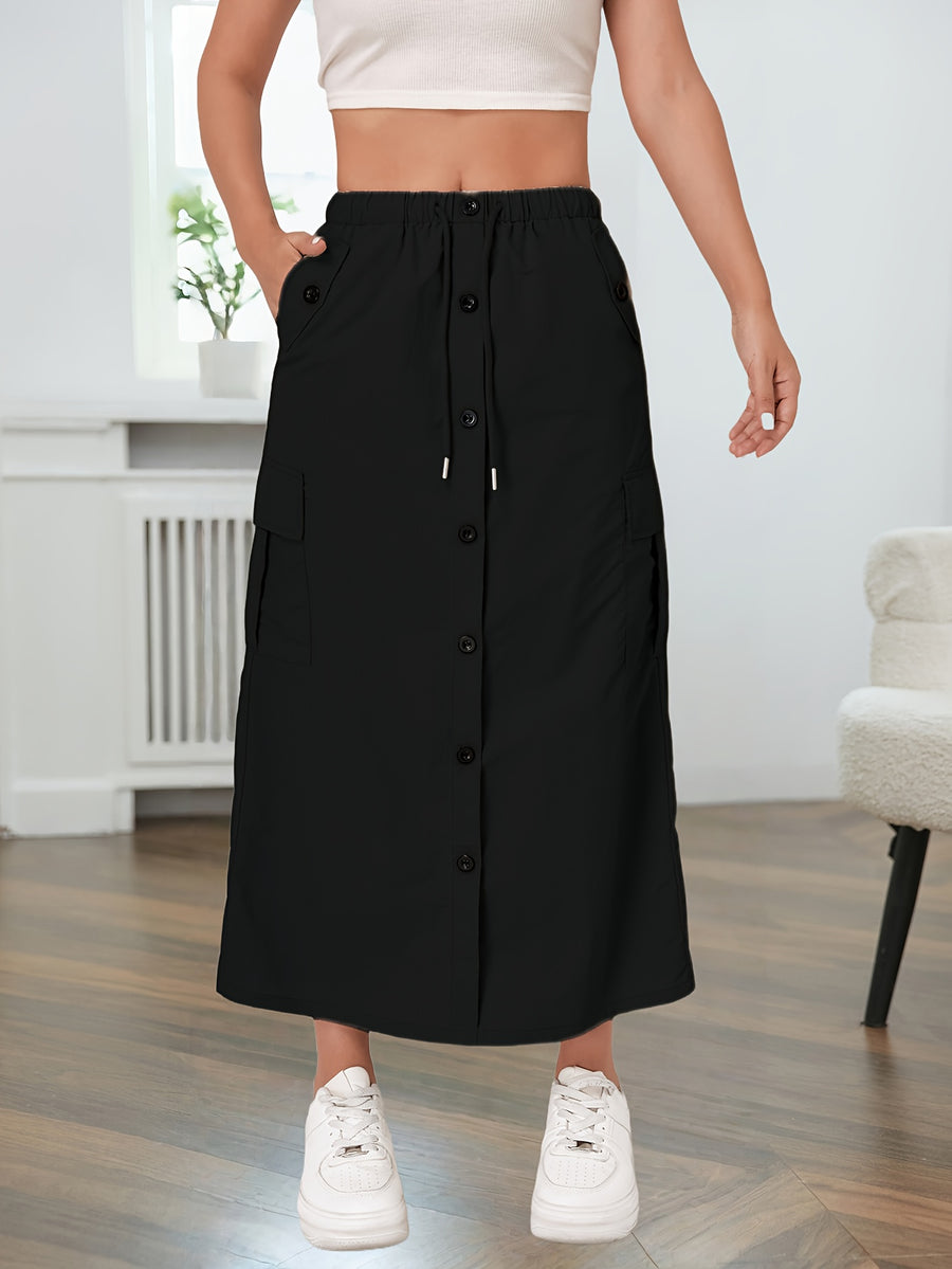 American-style Quick-Dry Women's Multi-Pocket Workwear Skirt with Button Placket, Casual High-Waist Commuter Midi Skirt - Black