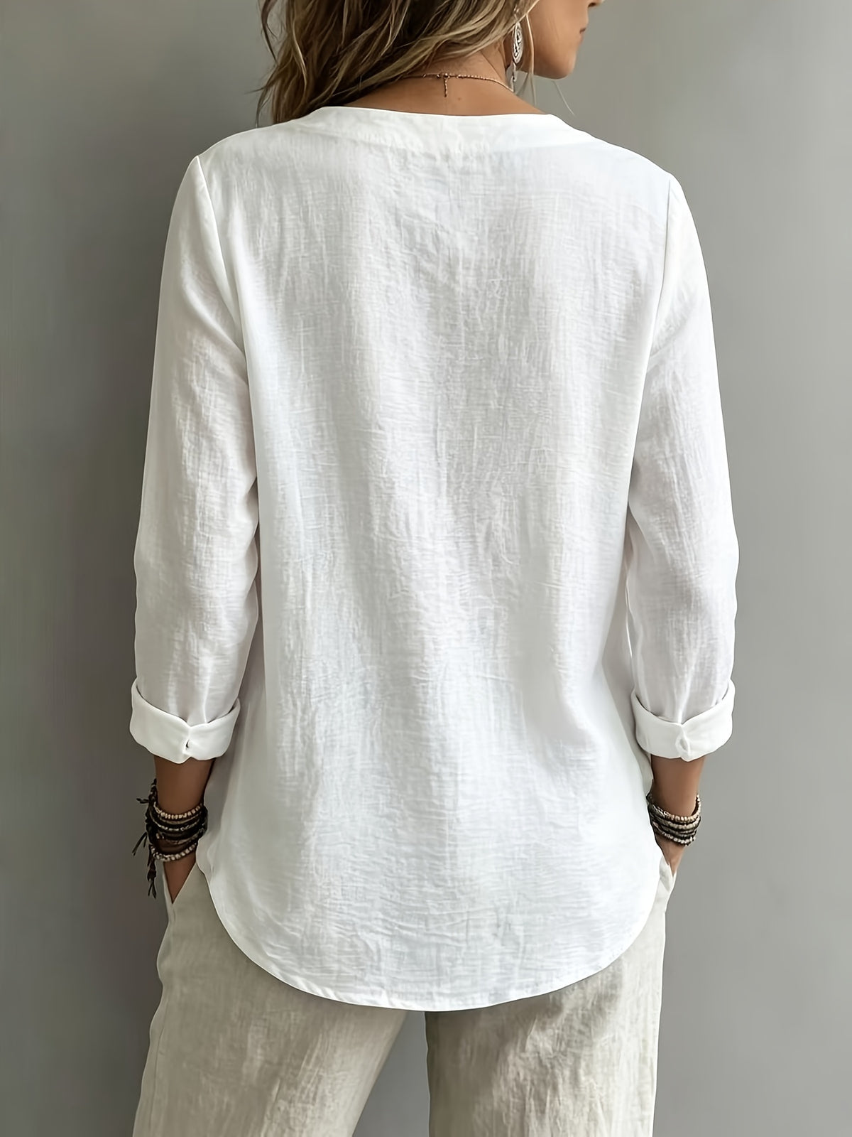 Women's Solid Color Casual Crew Neck Long Sleeve Shirt - White