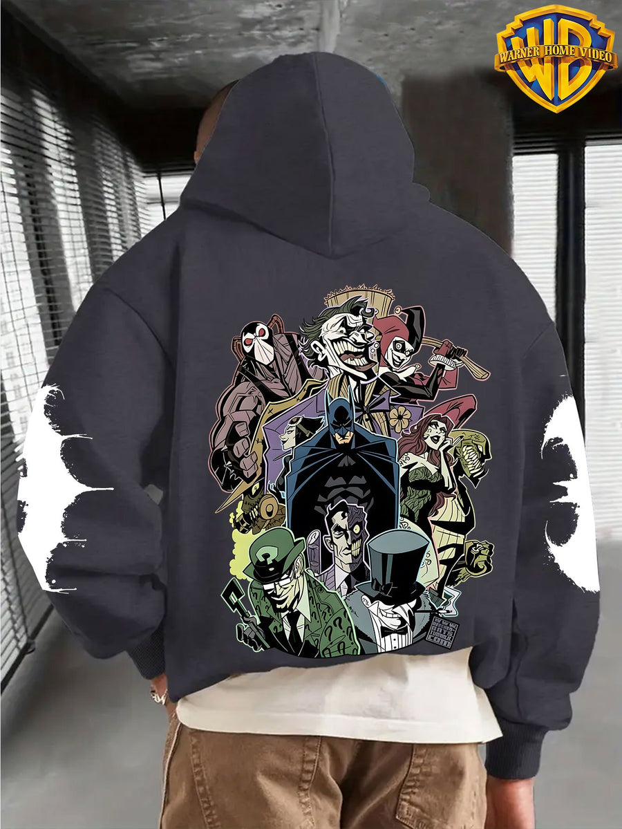 Warner Men's New Trendy Hoodie, Warner's Batman IP Co Branded Batman Villain Collection Printed Hoodie, Casual Daily Drawstring Hoodie, Long Sleeved Pullover, Machine Washable, Versatile Sports Casual Loose Men's Casual Hoodie, Front Kanga - Dark Gray